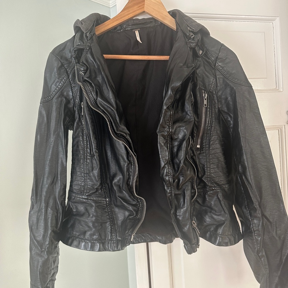 Free People Black Leather Moto Jacket with Hood
